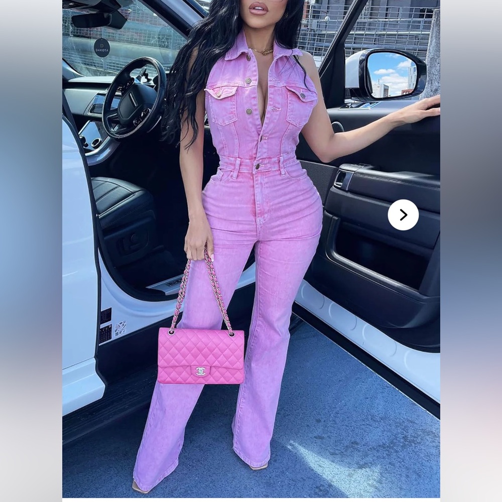 PINK DENIM JEAN HALTER BUTTON UP JUMPSUIT ROMPER OVERALL FASHION NOVA MEDIUM HOT